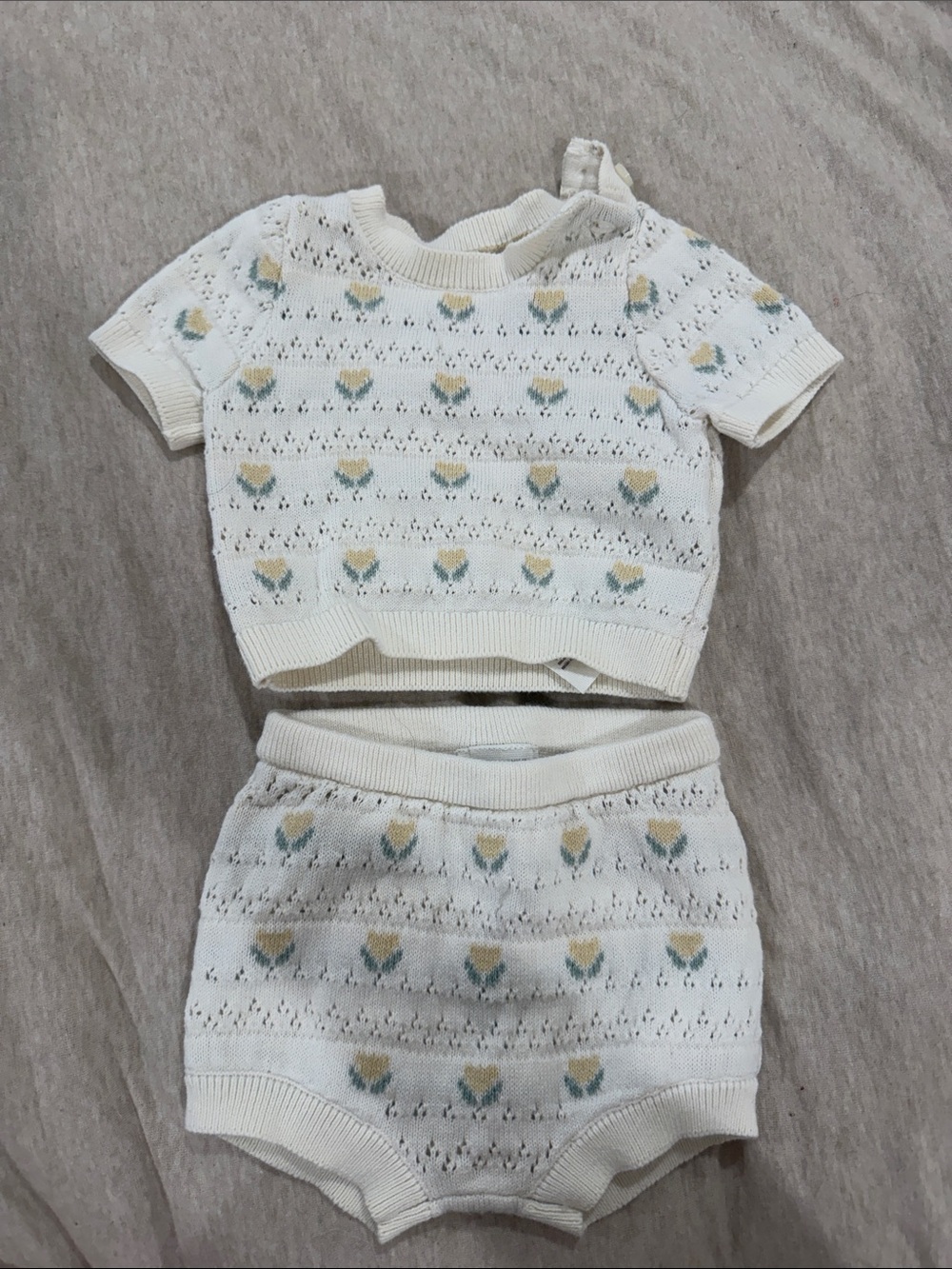 Cream Knit Baby Shorts Set with Yellow & Blue Heart Motif